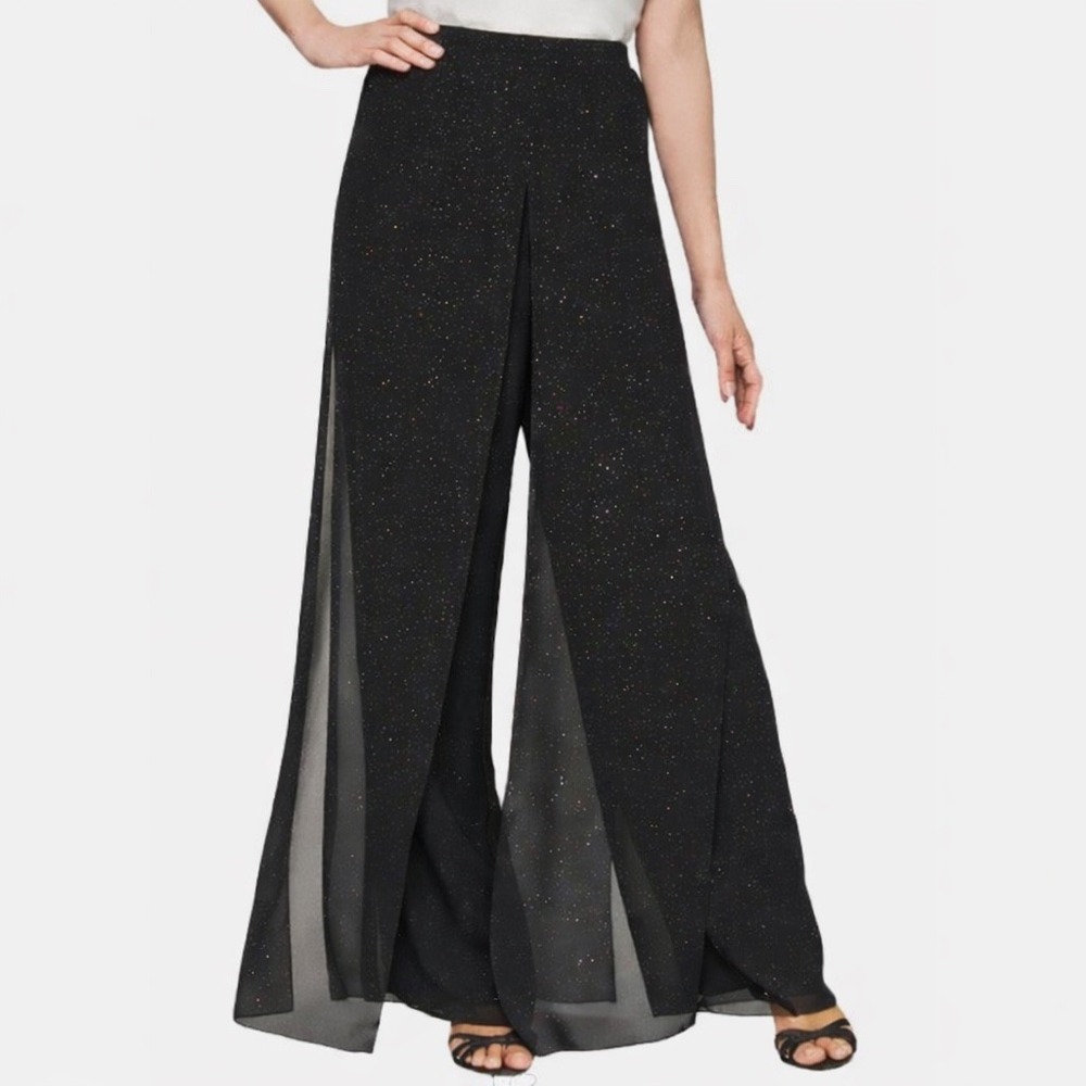 JR Nites by Caliendo Black Glitter Chiffon Overlay Wide Leg Evening Pants Size 8